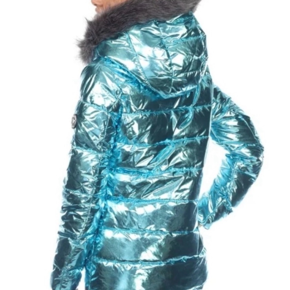 White Mark Metallic Blue Puffer Coat with Faux Fur Trim - Picture 4 of 10